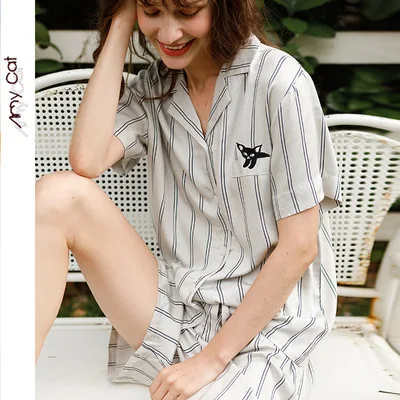 

New Style Summer Satin Stripe Pajamas Women Loose 2 Piece Pajamas Set Short Sleeve and Shorts Women's Sleepwear