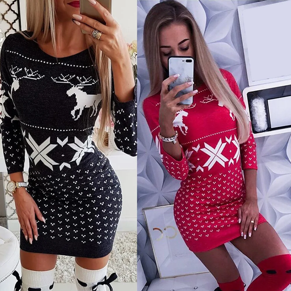 

Winter Mini Women Christmas Dress Casual Sheath Long Sleeve Fashion Autumn Knitted Pullover Women Knitted Sweater Dresses