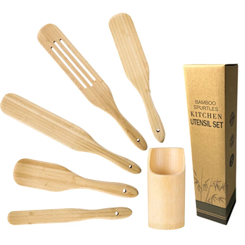 

5pcs Kitchen Set Cooking Utensil Non-stick Salad Stir Bamboo Kitchen Spurtles With Bamboo Holder