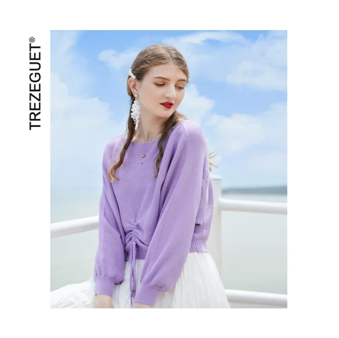 

2021 spring women's new one line collar loose Pullover Korean pure color bowknot cashmere T-shirt for women