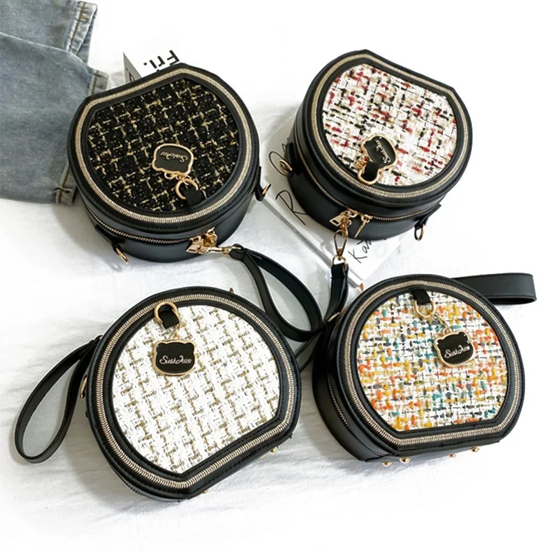 

High Quality Small Crossbody Vegan Bag Plaid Handbags Round Pu Leather Shoulder Bags