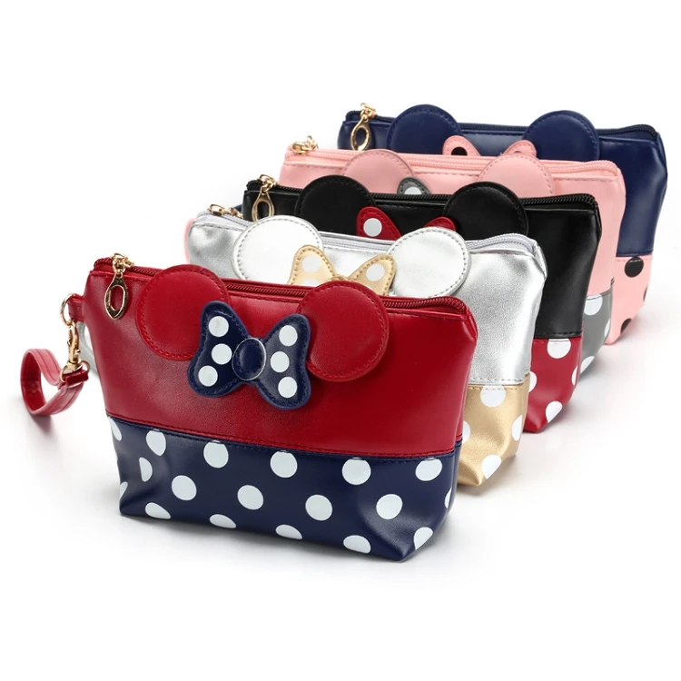 

M1287 Female Wrist Bags Small Handbag Purse Travel Cosmetic Organizer Pouch Bow Polka Dot Pu Mini Makeup Bag, Picture shows