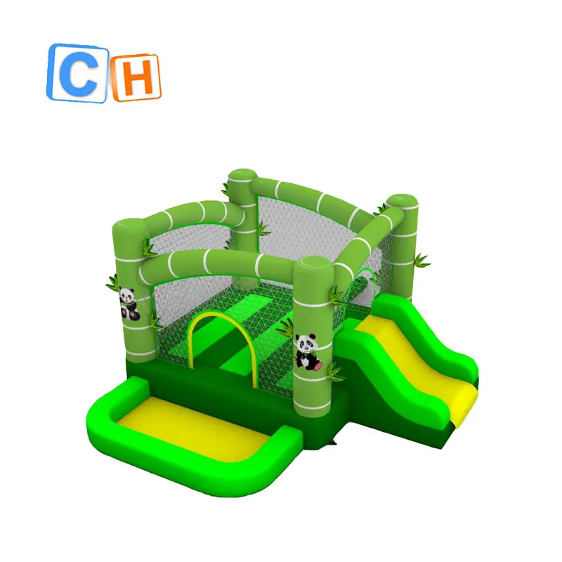 

2021 new design green inflatable bounce house with ball pool for home use Panda Bamboo inflatable Oxford cloth bouncer for kids