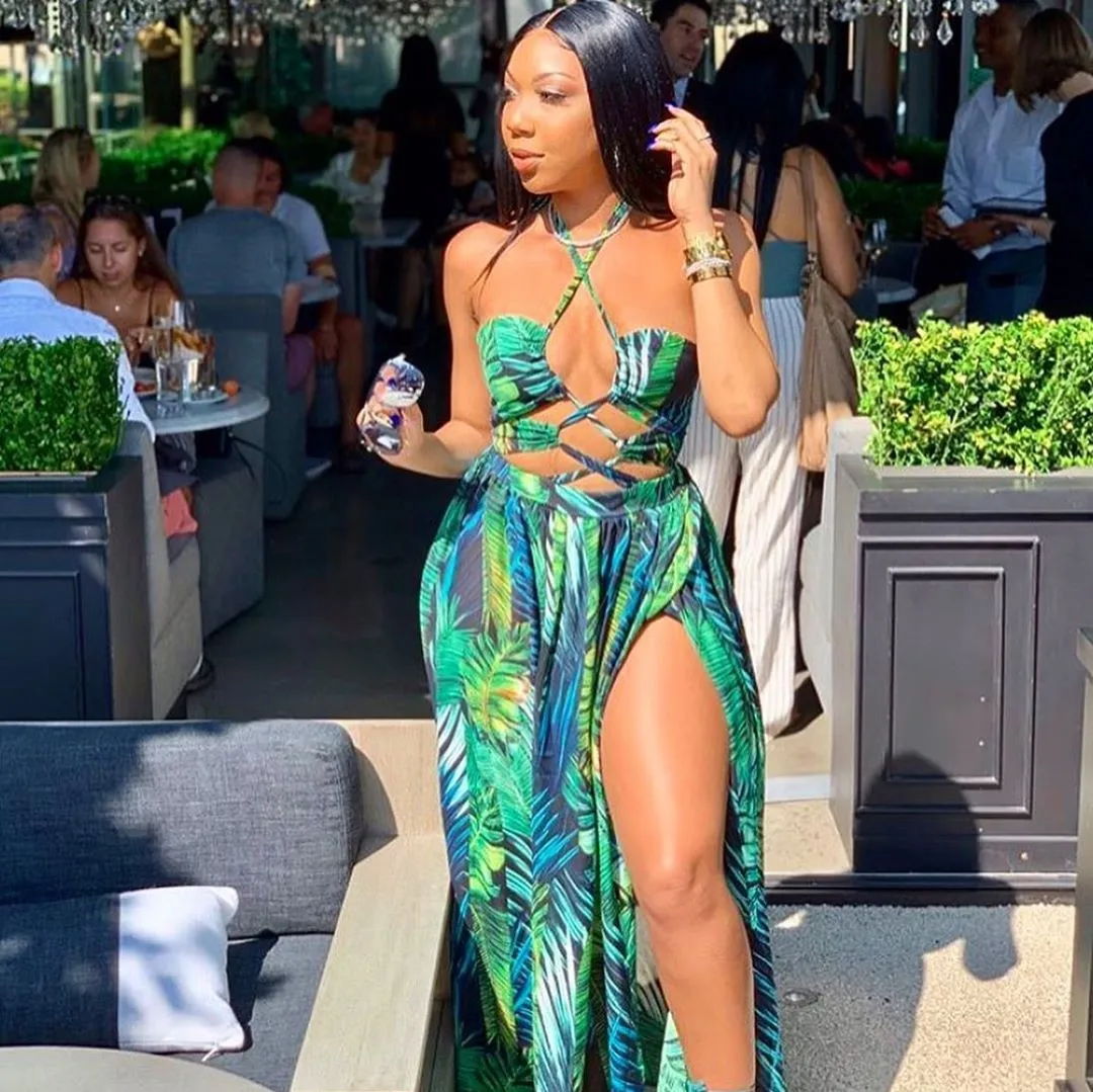 

Vacation Outfit Hollow Out Split Sleeveless Sexy Casual Halter Women Printed Dresses Summer 2021 Maxi Dress, Green,blue,red