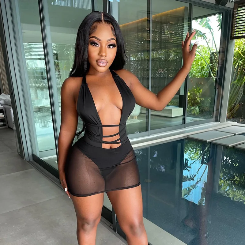 

2021 summer mesh patchwork see through sexy halter transparent dress club black mini dress for women