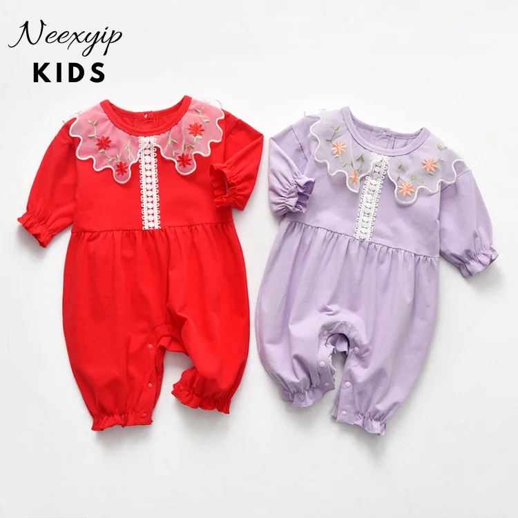 

Popular Best Price Lace cuffs Doll collar Embroidery baby longsleeve girls rompers, Red/purple