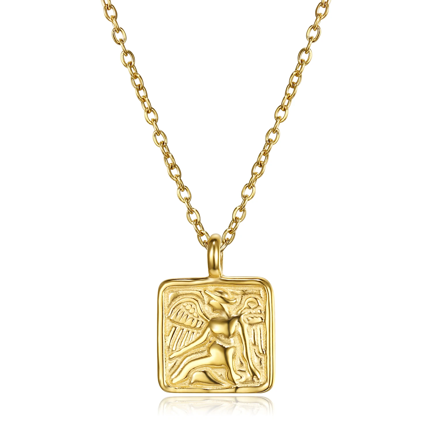 

Vintage Gold Plated Abstract Portrait Wings Angel Square Pendant Ladies Necklaces Stylish Tiny Angel Square Coin Necklaces