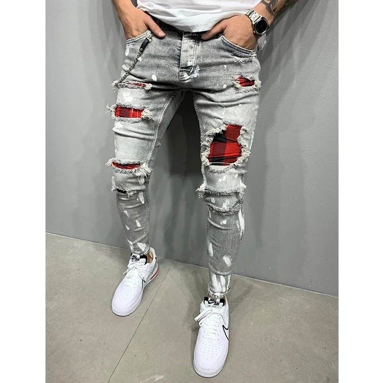 

2021 custom high quality popular distressed blue mens ripped skinny jeans clothes jeans for men