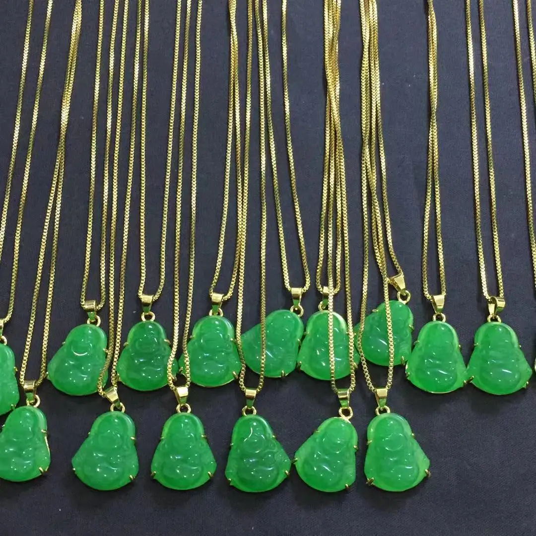 

Wholesale Cheap Price High Quality Stainless steel natural jade iced out green buddha pendant Maitreya pendant necklace