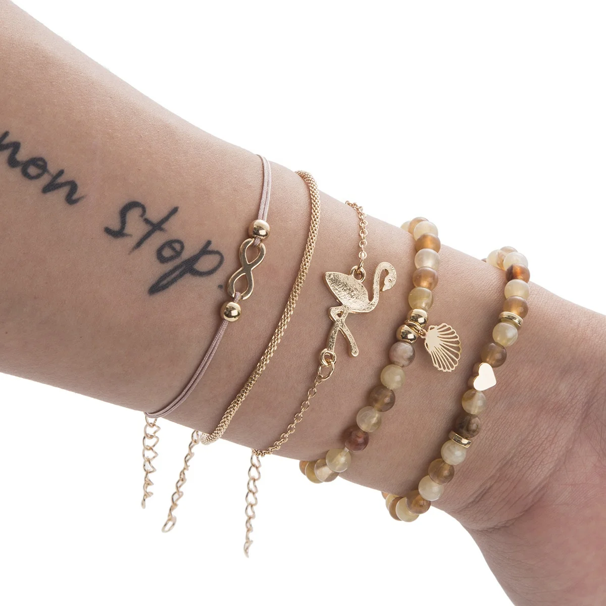 

Bohemian Bracelet Set For 5 pieces set of flamingo shell natural stone for ladies bracelet gift Women set jewelry, Picture