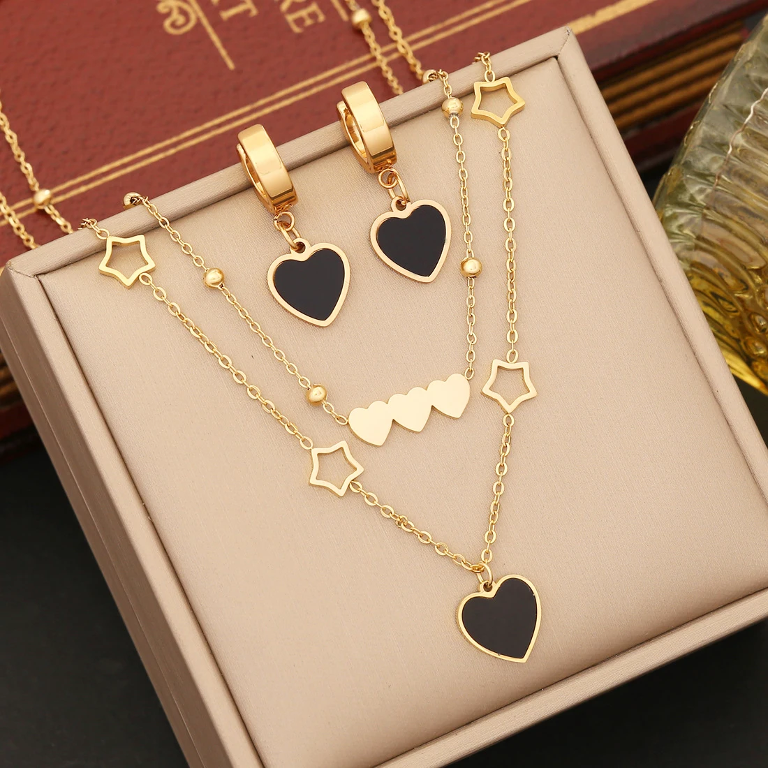 

Multilayer Stainless Steel Heart Star Pendant Necklace Bracelet and Earring Set Statement Women Jewelry Set