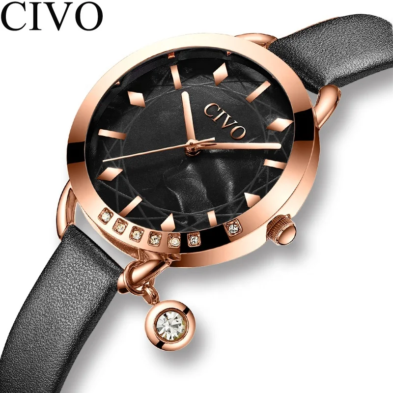 

CIVO 2020 Latest Design Minimalist Black Genuine Leather Strap with Unique Artificial diamond case Classic Modern lady's Watch