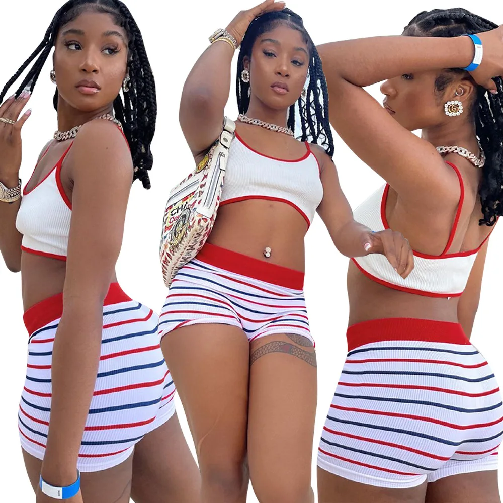 

LW70011 - Hot sales two piece crop top and short set summer tracksuit women sets