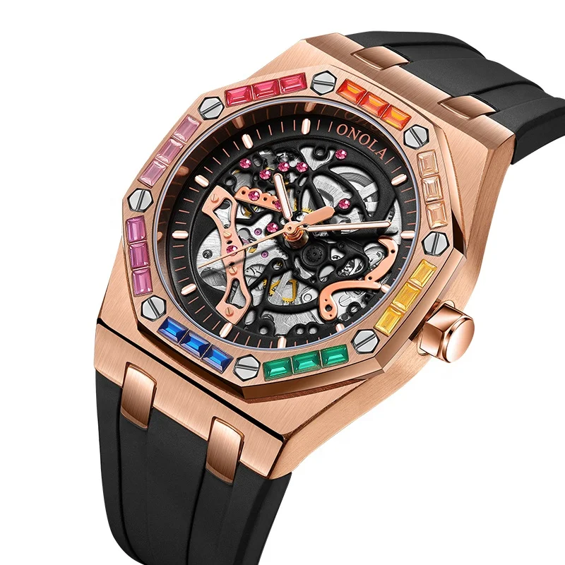 

Top Brand ONOLA Waterproof Skeleton Mechanical Wristwatch Iced Out Rainbow Diamond Automatic Watches Men Wrist
