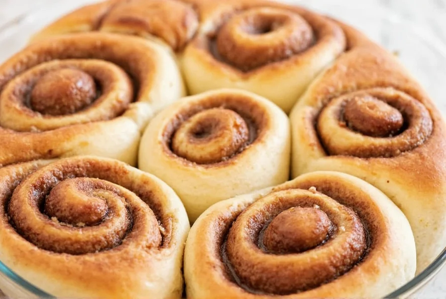 Close-up of golden brown homemade cinnamon rolls with cream cheese icing dripping down the sides on a white ceramic plate
