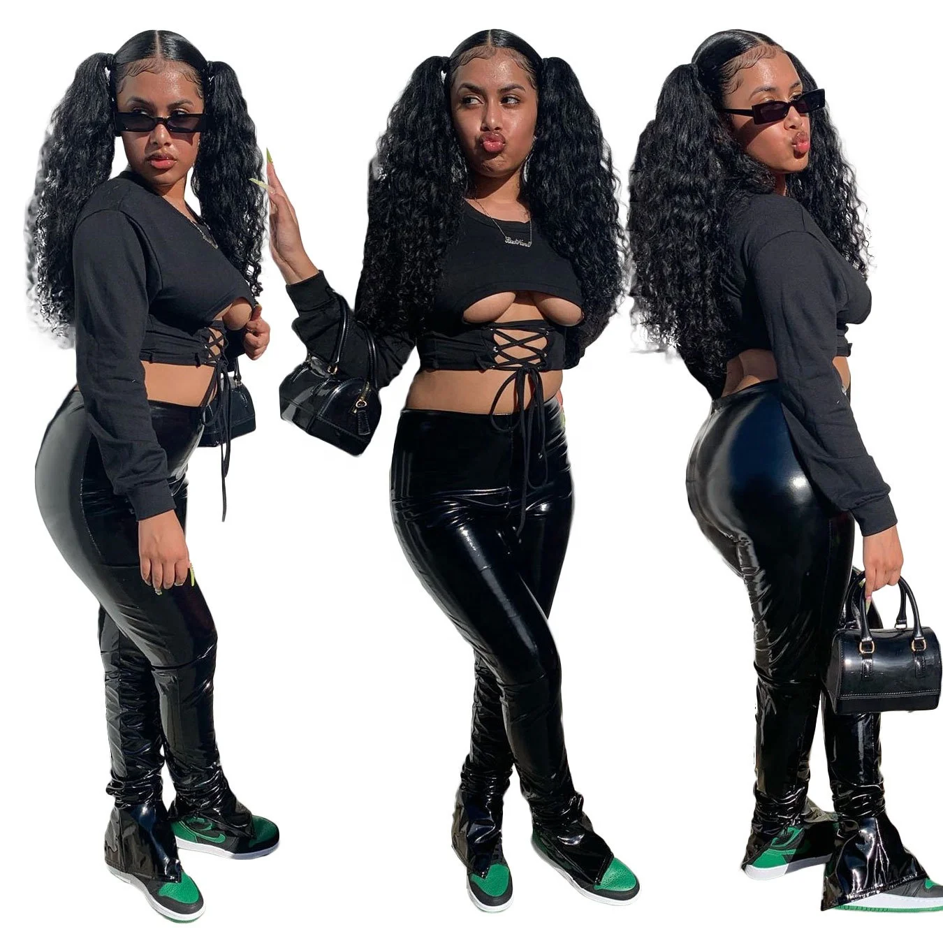 

LY9275 OEM manufacture new arrival fall plus size clothing leather outfit shiny stretch PU sexy two piece pants set women