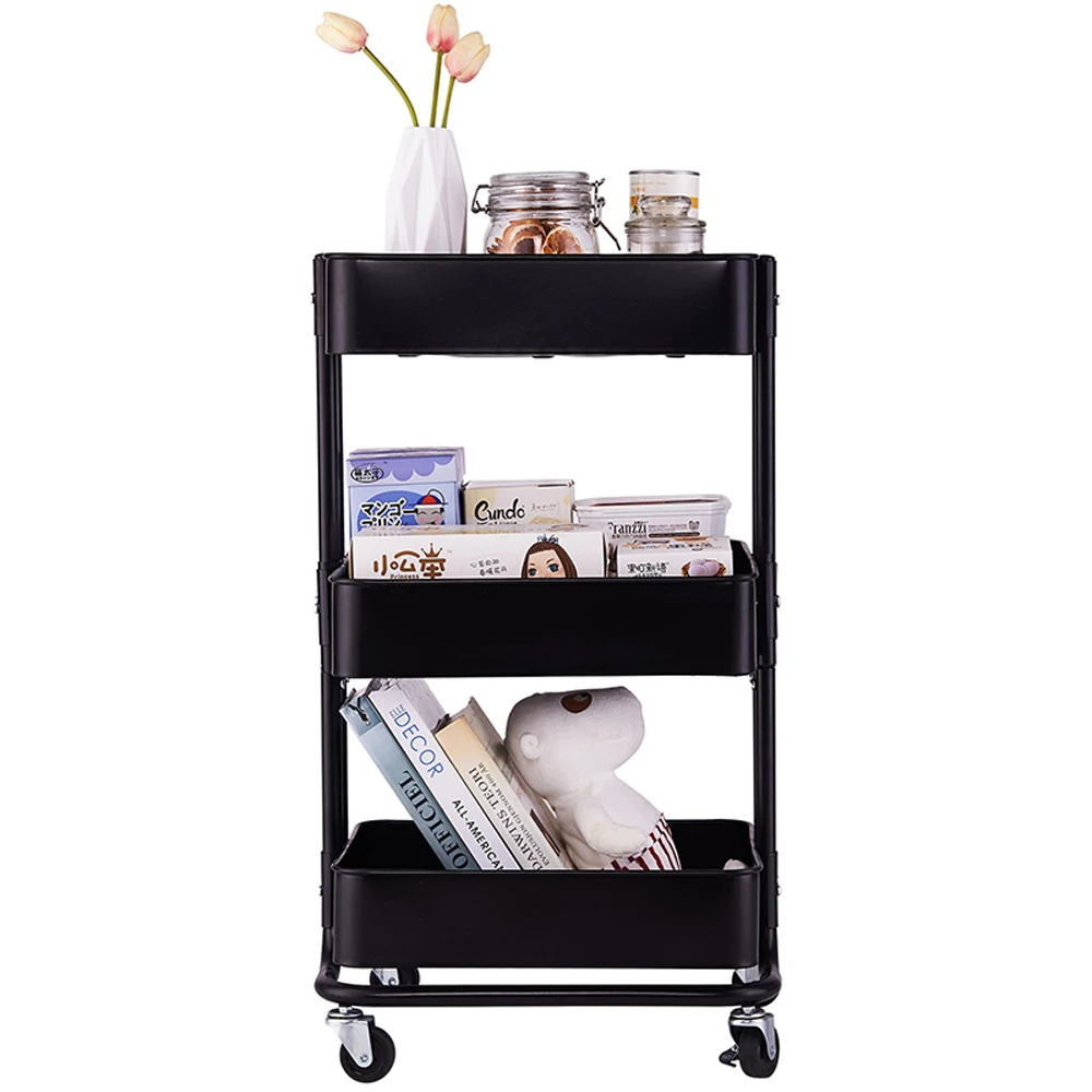 

3-Tier Home Kitchen Storage Utility cart-Black steel shelf rack