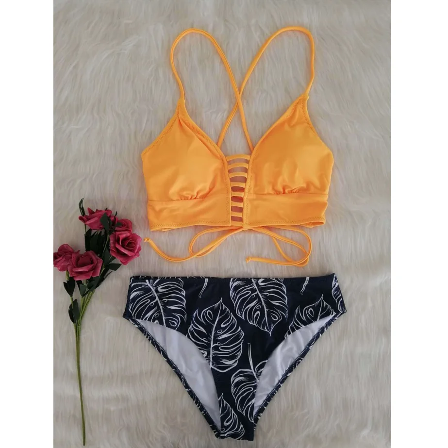 

ladies sexy swimwear summer orange top print high waist two-piece bikini