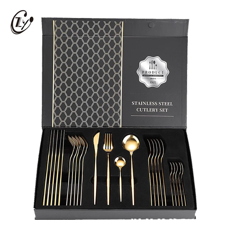 

Luxury Wedding Gift 24 Pieces Knife Spoon Fork Sets Gold Plated Flatware Stainless Steel Cutlery Sets With Gift Box, Silver/gold/rose gold/black