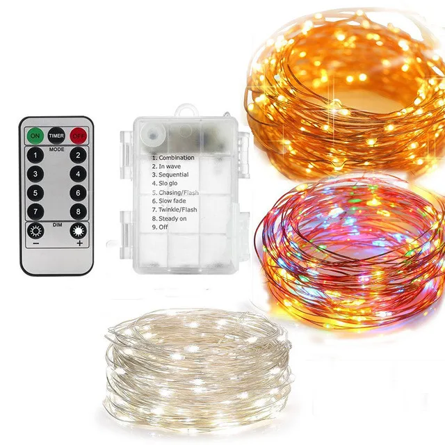 CE RoHs Listed Remote Control 8 Models Outdoor Waterproof LED String Lights 3AA Battery Copper Wire Fairy Warm White RGB Lights