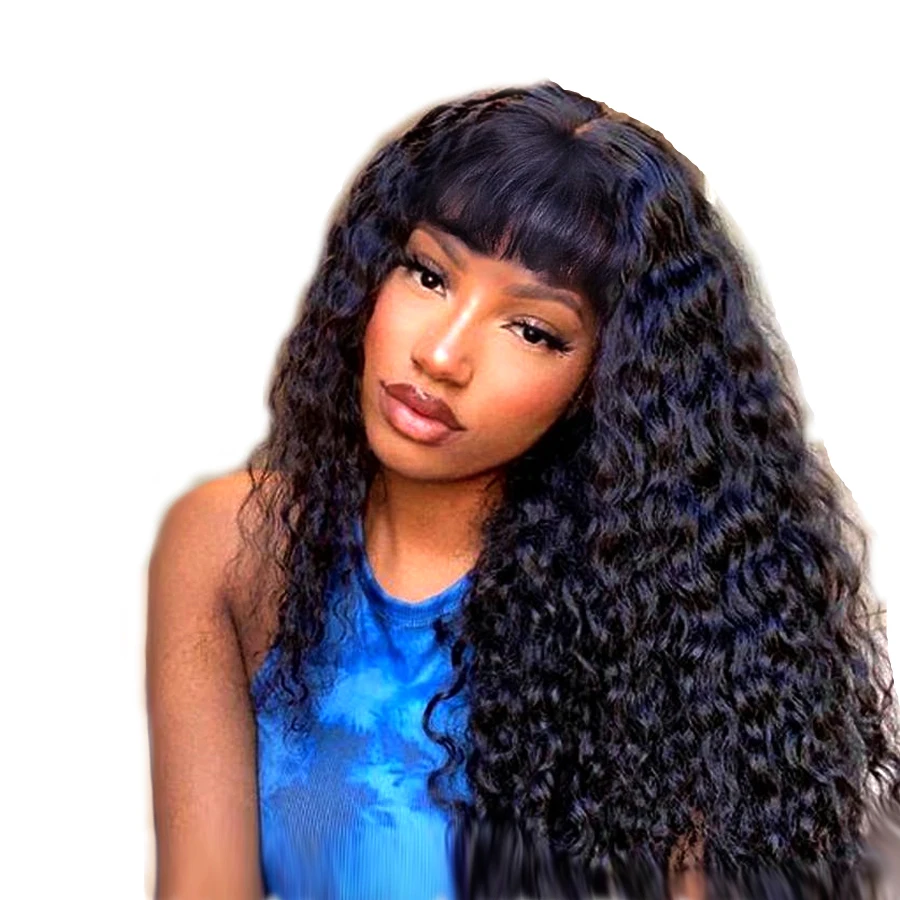 

New Fashion Machine Made 360 Lace Wig Human Hair Water Wave with Bangs Virgin Cuticle Hair for america women, Natural