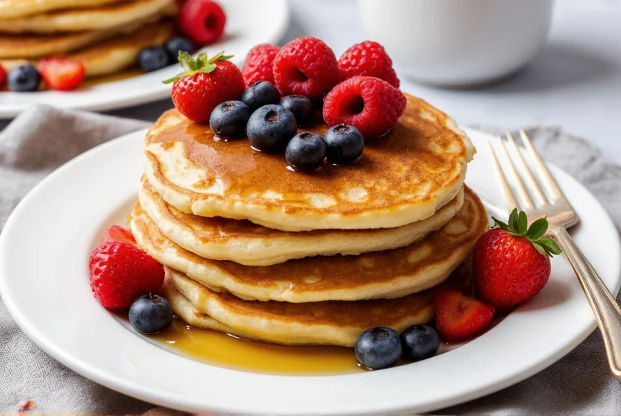 Stack of golden cinnamon swirl pancakes topped with maple syrup and fresh berries