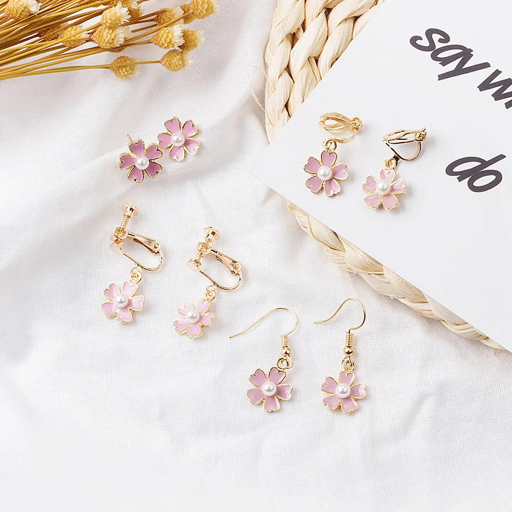 

fashion trendy pink pearl oil drop flower drop earrings 2021