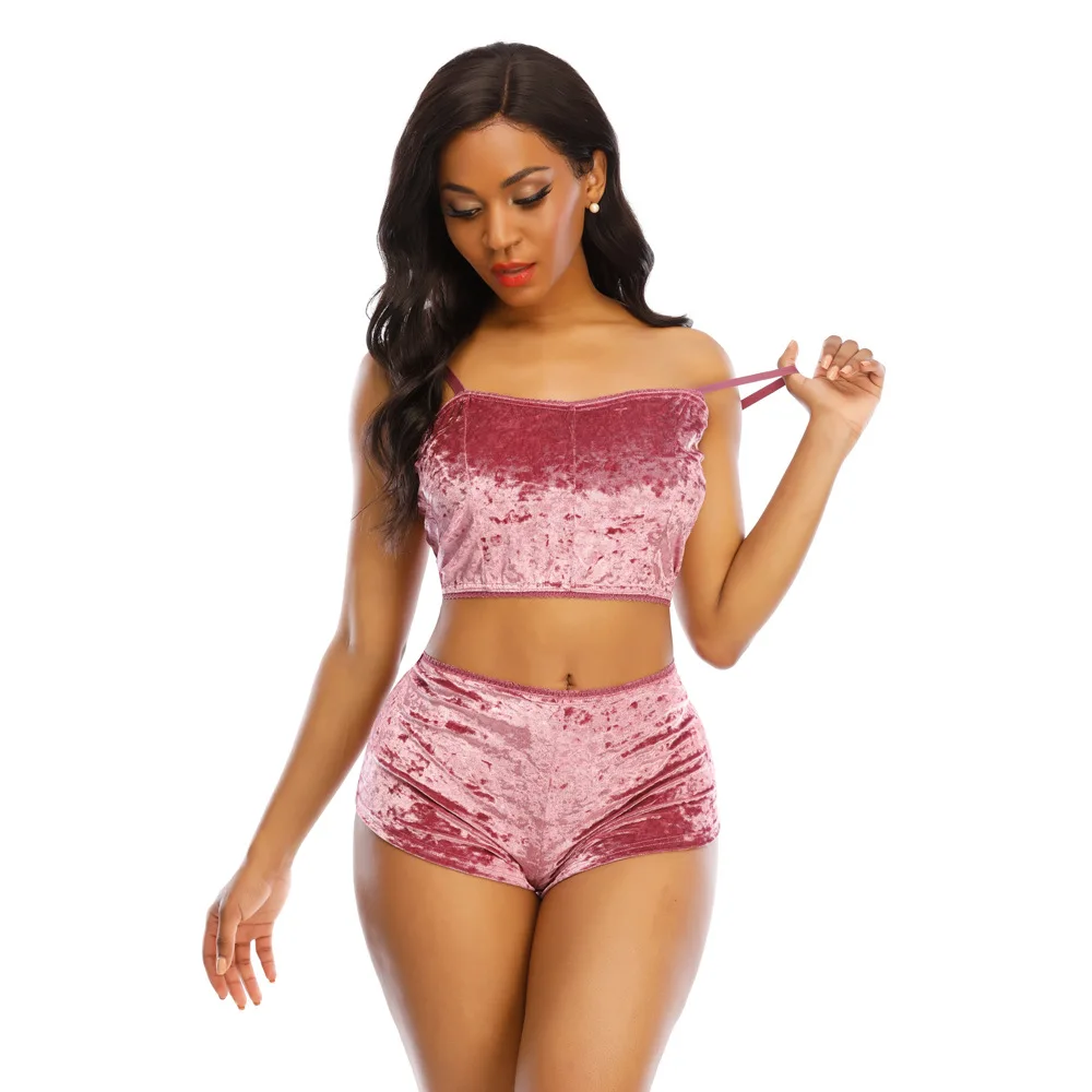 

Sling Lingerie women's summer velvet sexy flannel halter solid color lady underwear indoor pajamas