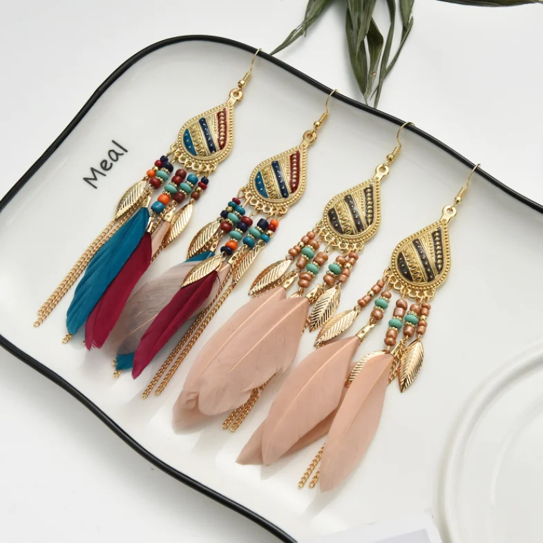 

Hot Sale Popular Long Boho Tassel Women Earrings Jewelry Luxury Bohemian Feather Earrings For Women Wholesale