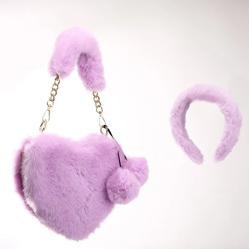 

heart purse sets small 2022 women purses and handbags ladies mini designer Kid little girls faux fur furry heart shaped bags