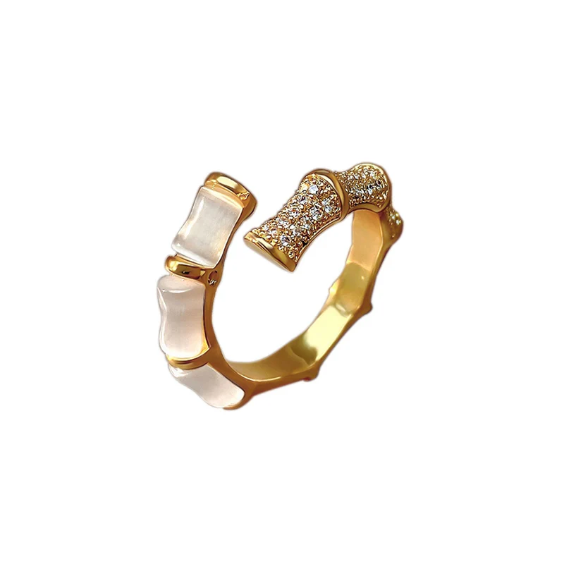 

JZ10475 Korean fashion cute zirconia simulated opal bamboo open adjustable rings for women gold plated jewelry
