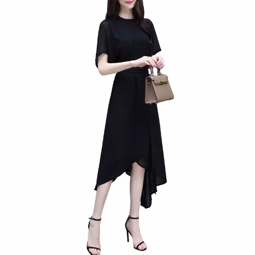 

2021 summer women's new slim mid-length skirt short-sleeved irregular temperament ladies black women's chiffon shirt dress women
