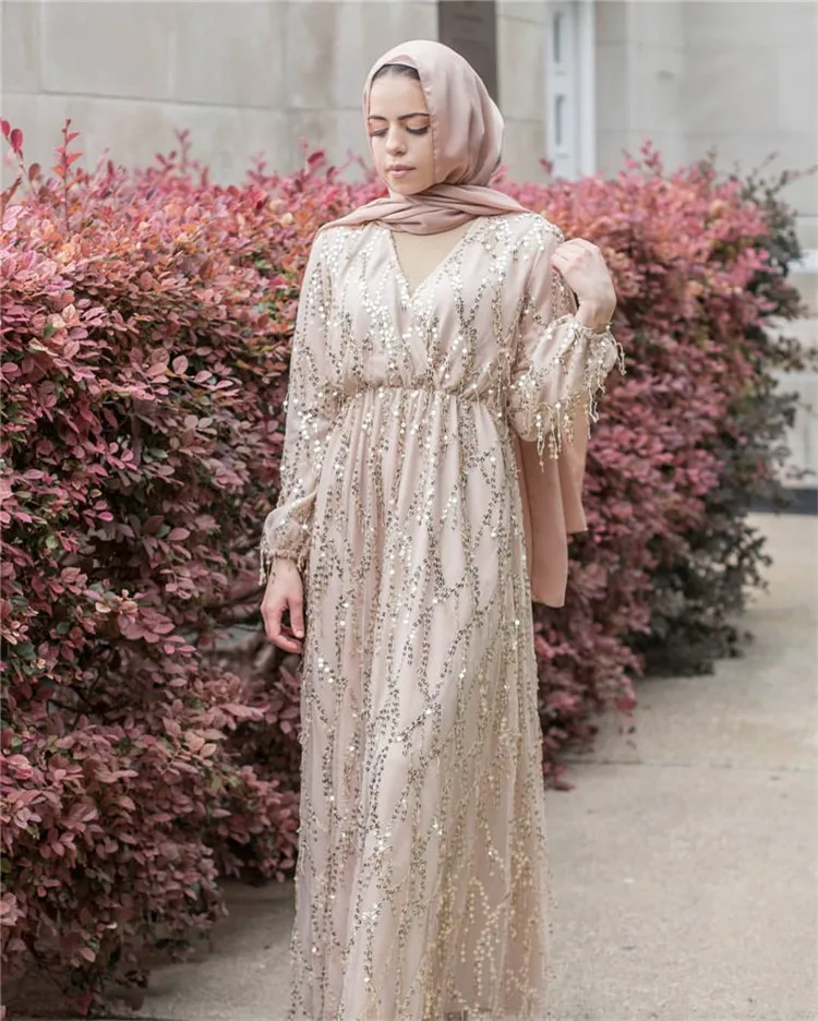 

New Collection sequin tassel shinning maxi dress for muslim women and girls, Beige,white,black,navy,wine red