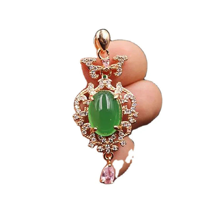 

925 Color Silver Inlaid Green Chalcedony Drop Pendant Emerald Green Agate Egg-Shaped Pendant