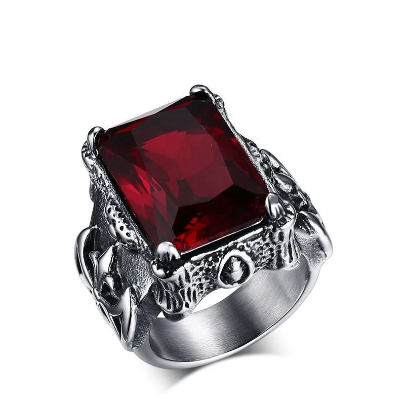 

Factory Direct Sale Hot Selling Fashion Simple Jewelry Men Ring 316L Stainless Steel Vintage Gothic Red Gem Rings, Silver