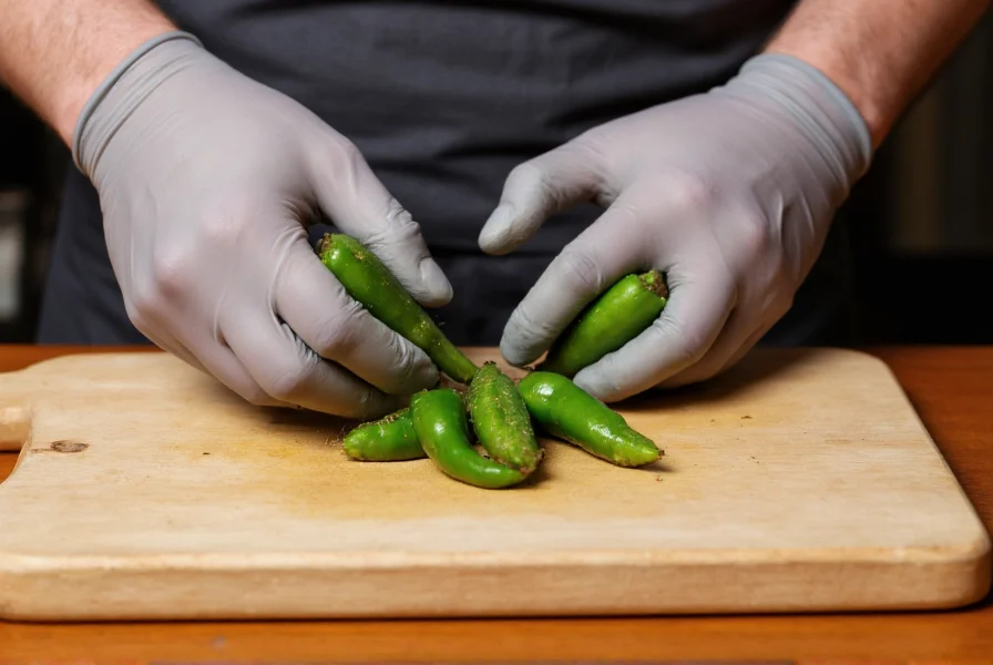 Chef wearing gloves while carefully removing seeds from serrano peppers on cutting board
