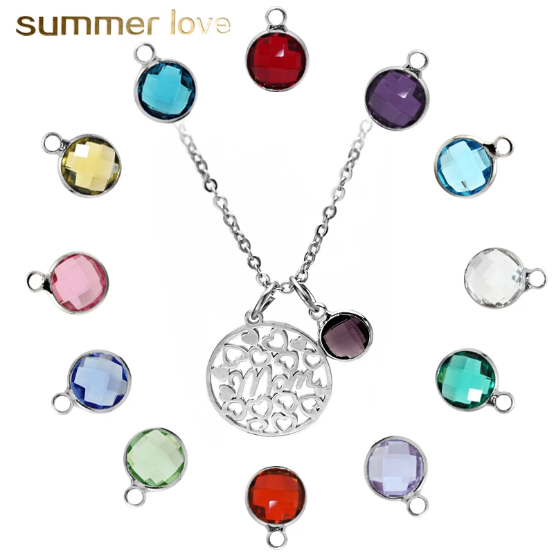 

New Fashion 12 Colorful Crystal Birthstone Stainless Steel Hollow Love Pendant Necklace for Mother's Day Gift, As picture