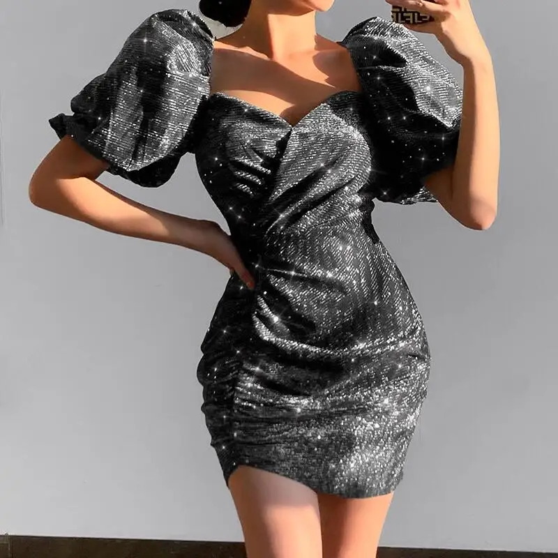 

2022 Fashion Puff Sleeve Sexy Elegant Evening Dress Women Party Short Sleeve Backless Bandage Sparkle Sequin Dress For Woman