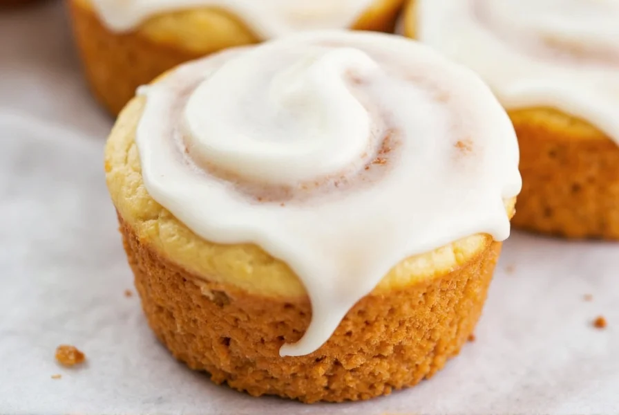 Finished cinnamon rolls with perfect drizzle of creamy icing on wooden baking sheet