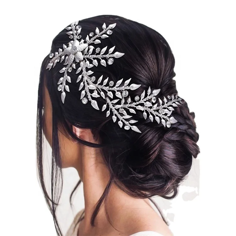 

Hand Woven Silver Simulation Leaf Headdress Exquisite Updo Hair Accessories Rhine-drill Hair Comb Set