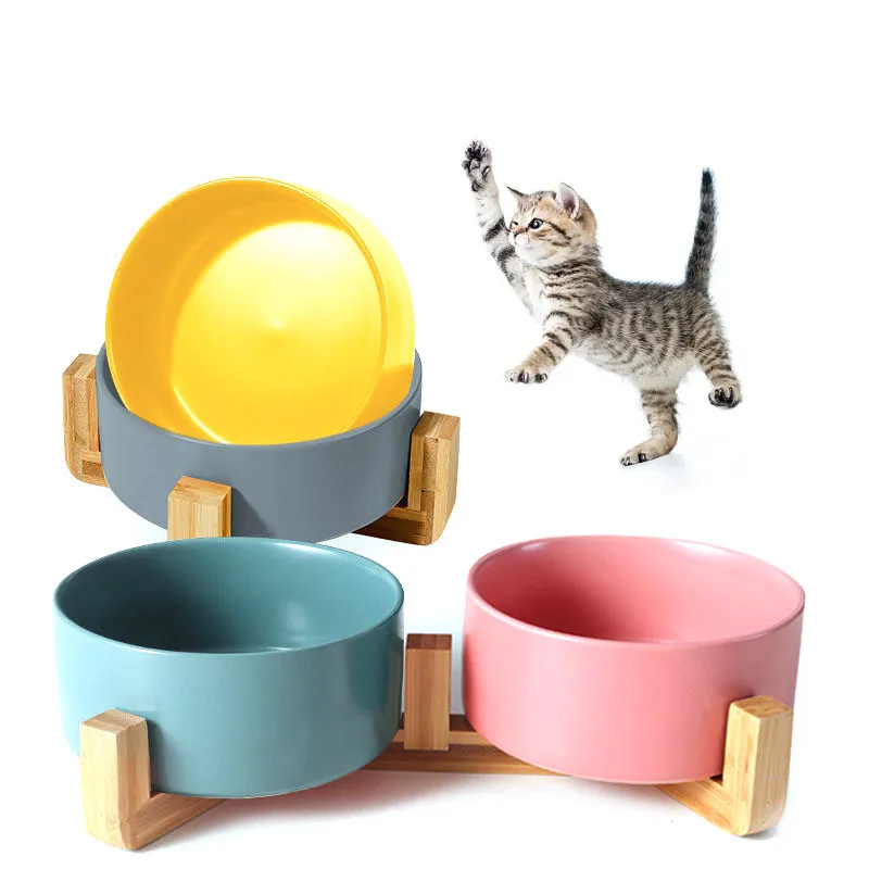 

Hot Selling Simple Pet Ceramic Material To Protect Cervical Spine Pet Feeding Bowl With Wood Stand, White/green/grey/yellow/pink