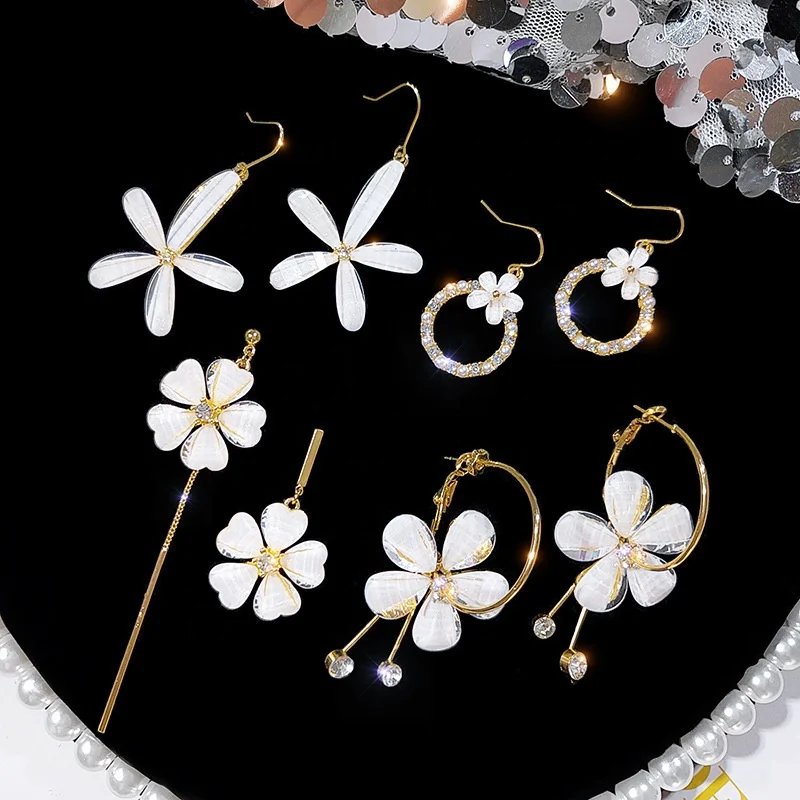 

Kaimei new tassel petal crystal flower earrings s925 sterling silver post white sea shell statement flower women korean earrings, Many colors fyi