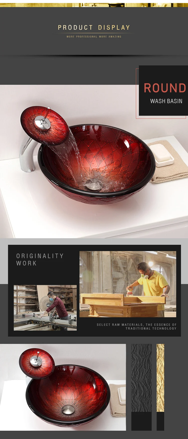 Toilet Sanitary Ware Tempered Glass Bowl Shape Red Bathroom Sink Hand