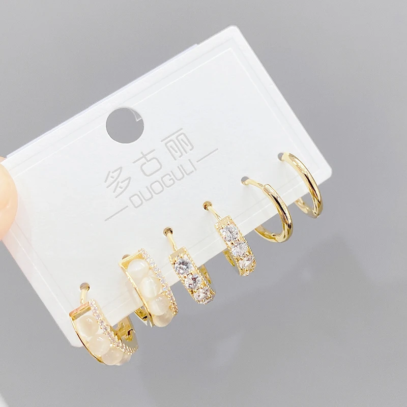 

ED63622 Fashion design gold plated brass zircon women jewelry three pairs set opal geometric hoop earrings