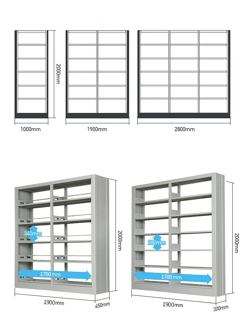 School public double-faced library shelves with plate layers in adjustable height