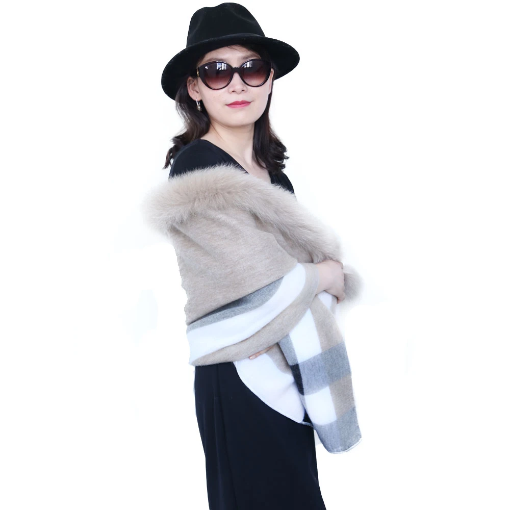 
Wholesale fashionable elegant design winter women acrylic woolen plaid long shawl with fox fur  (62252705365)