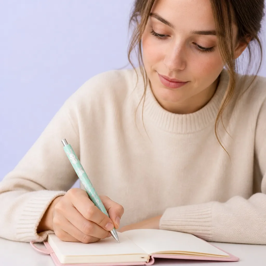 Woman journaling with a mint green bunny pattern pen