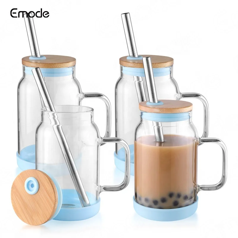 

Hot Selling Wide Mouth Glass Iced Cold Beverage Drink Tea Mug Tumbler Mason Jar With Handle