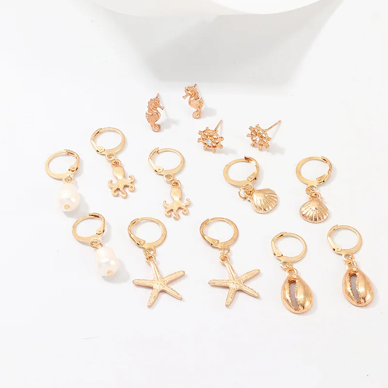 

Boho Pearl Shell Star Drop Earrings Gold Butterfly Dangle Circle Huggie Earrings Set Jewelry 2021, As picture show