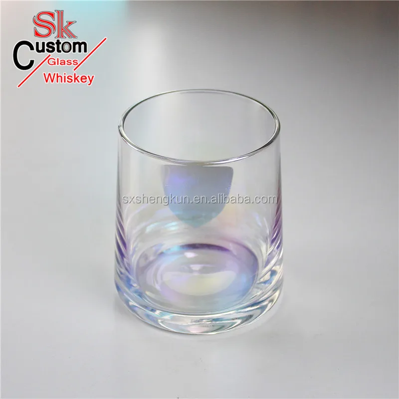 
Hand crafted transparent lead free crystal electroplated rainbow color whiskey glass 